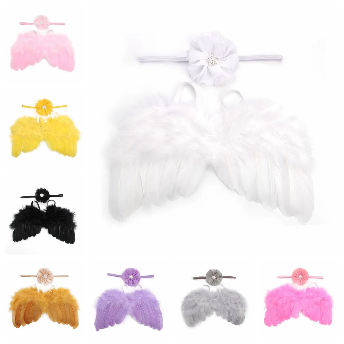 Feather Angel Wings Chiffon Brushed Flower Headband Set Toddler Photography Decorative Wings