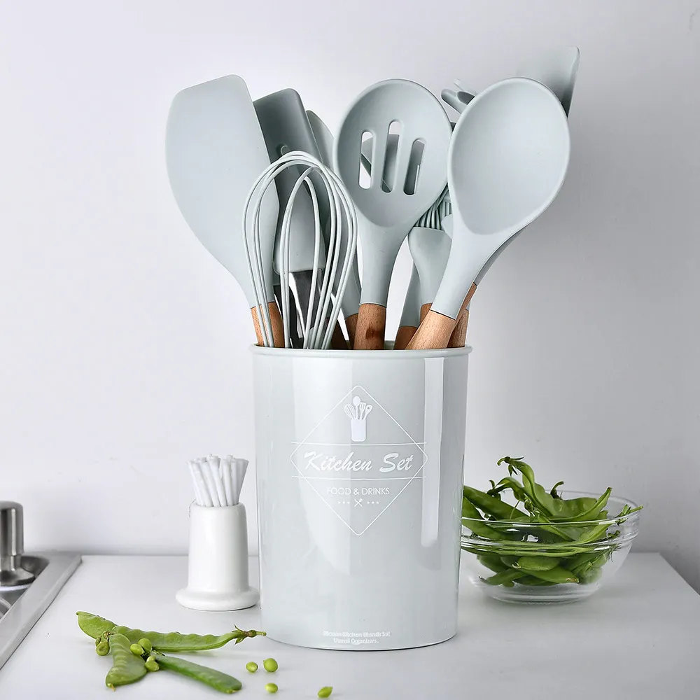 Wholesale 12 Pcs Silicone Kitchen Accessories with Wooden Handle Eco-friendly Kitchenware Cooking Tools Baking Utensils Set