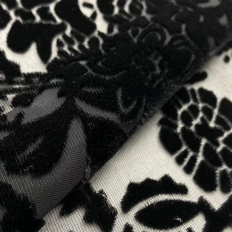 Classic burnout 80% rayon 20% nylon knitted black flower velvet burn out mesh fabric for lady dress