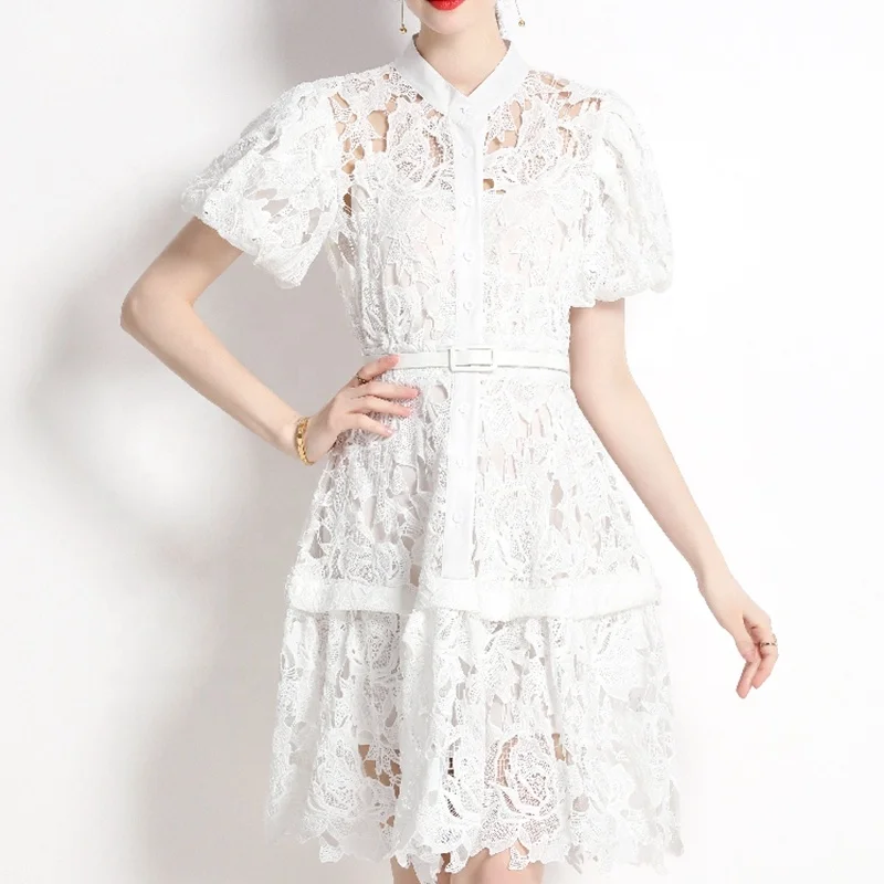 2023 Summer Vacation Style Sweet and Cute Standing Neck Bubble Sleeve Short Sleeve Water Soluble Lace Hollow A-line Dress