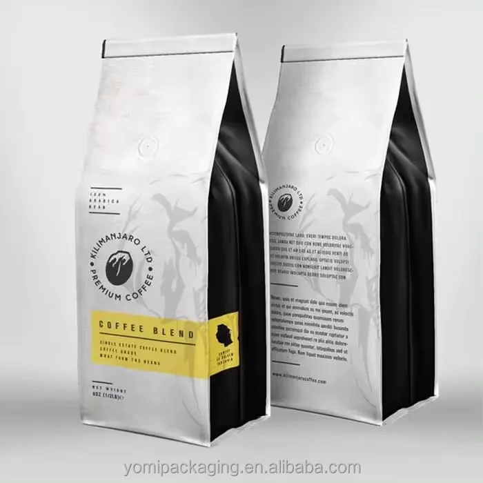 Side Gusset Flat Bottom Ground Coffee Beans Bags Stand Up Zipper Pouch With Valve And Folding Tie Tin For Coffee Tea Packaging