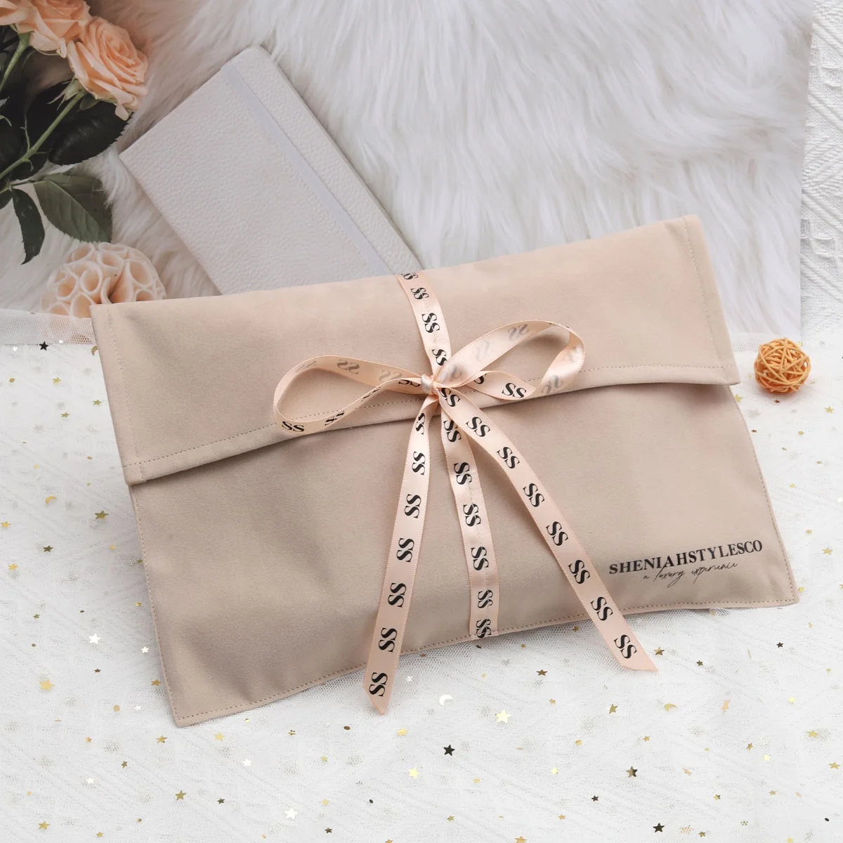 High End Custom Logo Printed Suede Hair Gift Packaging Envelope Pouch With Ribbon Luxury Velvet Shoe Clothes Wallet Dust Bag