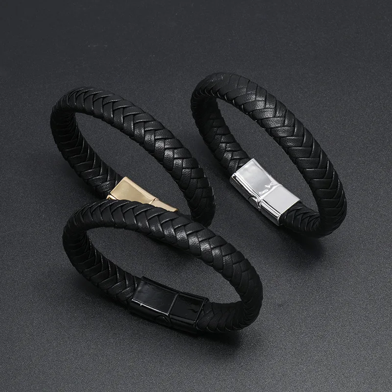 MCA016 Unisex Braided Leather Bracelet with Magnet Buckle Personalized PU Leather Cord Men Women Punk Style Gift Wedding Party