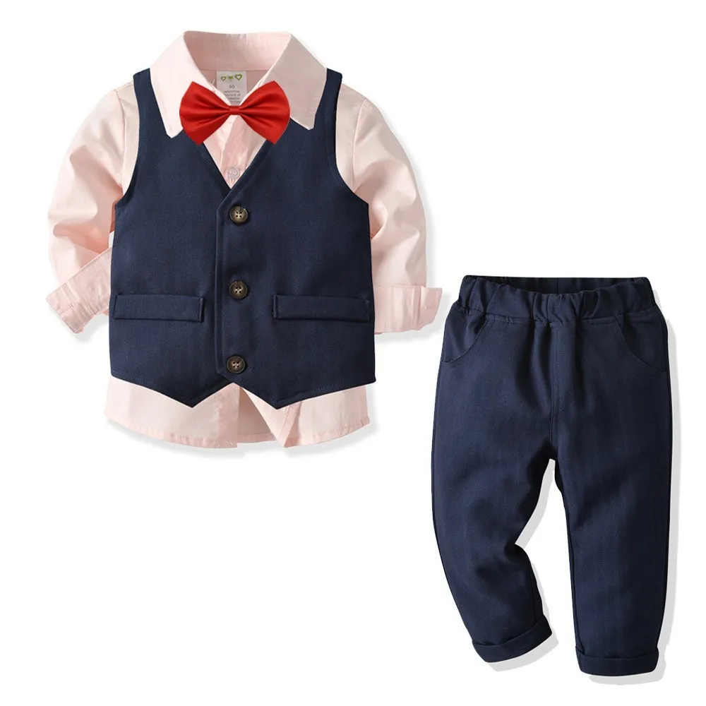 4 Pieces Set Children Clothing Boy Party Formal Dress Shirts Vest Suit Kids Pants Bow Tie Clothing Sets