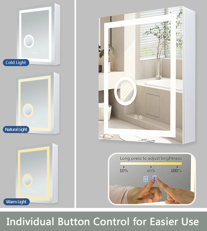 Medicine Cabinet with Mirror Fullkenlight Wall Mounted Bathroom Smart Led Mirror Cabinet Brass Modern Rectangle OEM ODM Custom
