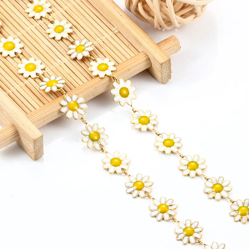 bulk stainless steel 18k gold chain waterproof spool enamel rainbow colored daisy flower handmade accessories chain diy