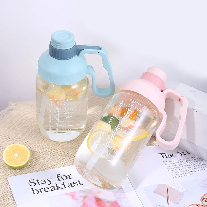 32oz 1L 1.5L Motivational Borosilicate Glass Water Bottle Sports with Handle Straw Measurement Scale for Hot or Cold Beverages