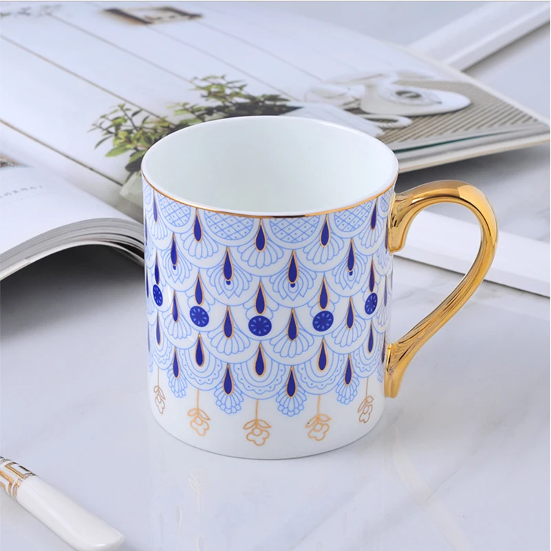Wholesale 400ml Luxury High Temperature Red Blue Ceramic Coffee Mug With Gold Rim