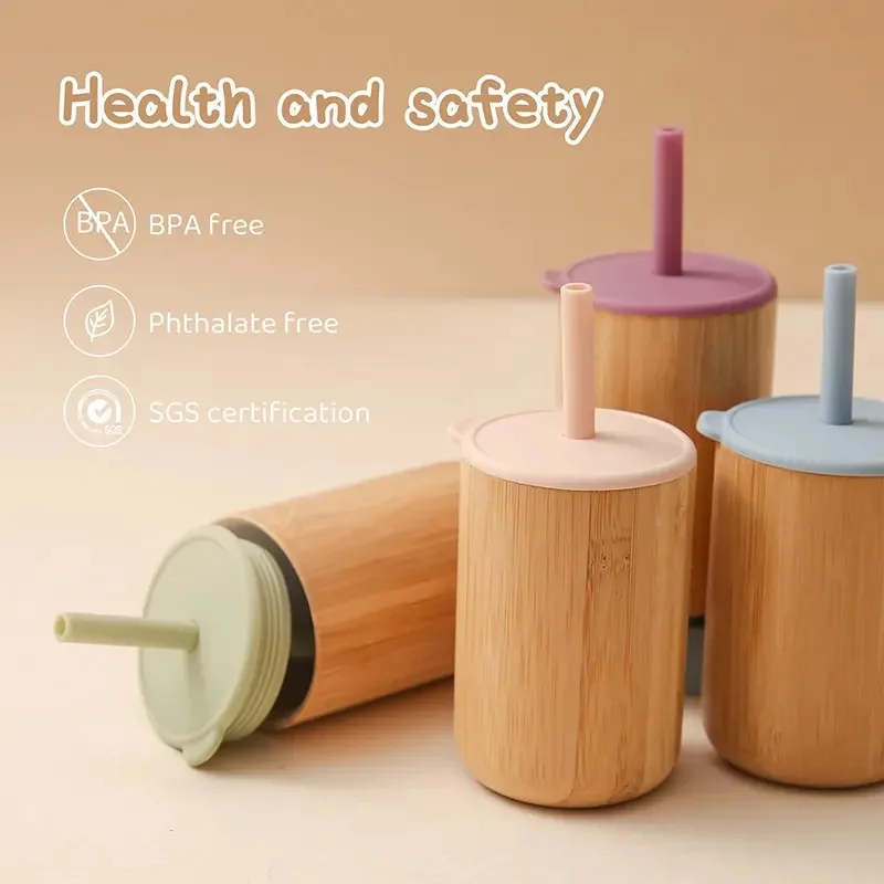 Hot Sale  Baby Learning Drinking  Straw Cups With Lid  Natural Bamboo Silicone  Water Cups For Children Kid