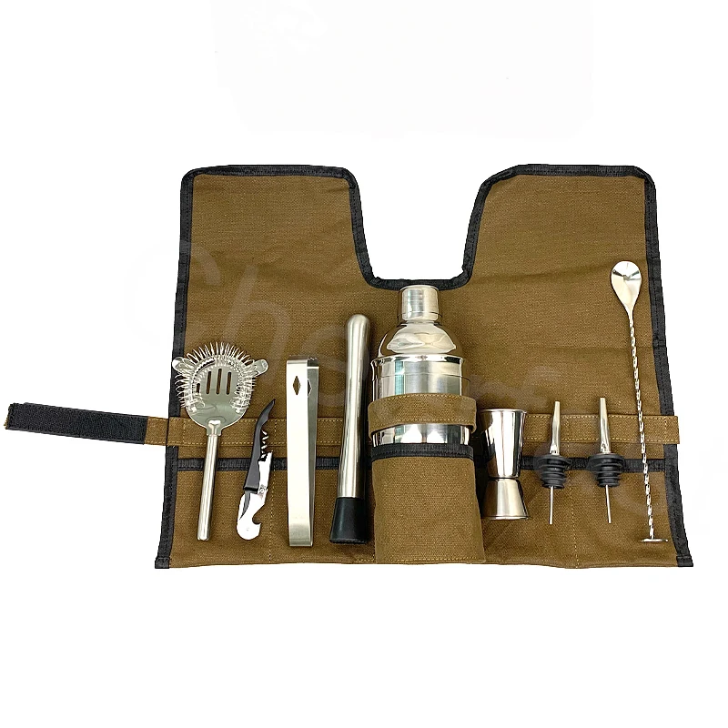 Most Popular 9 Piece Storage Bag Shaker Cocktail Bar Tools Kit Stainless Steel Cocktail Shaker Set Stainless Steel