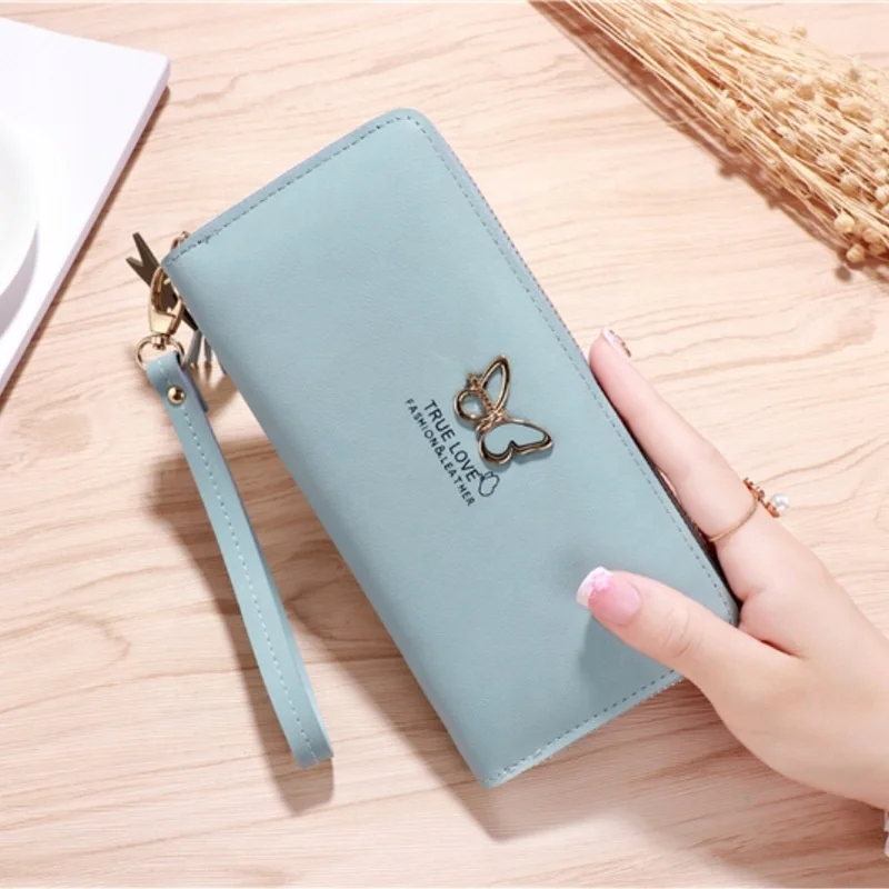 Pink PU Leather Trend Exquisite Butterfly Pattern Wallet Handle Long Money Pouch Card Holders Purse carteras para la playa