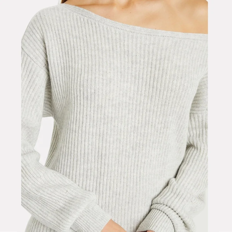 FYB Luxury Rib Knit Grey Sweater Dress Knitwear Knee Length Off One Shoulder Knitted Dresses For Ladies