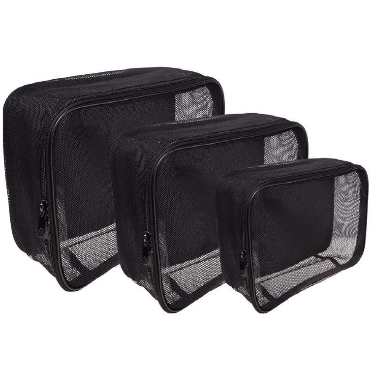 Hot sell Assorted Sizes Washable Durable Nylon Mesh Cosmetics Travel Bag Black Mesh Make Up Bag/Organizer 3PC set