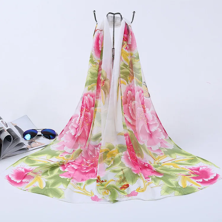 Custom Print Long Chiffon Silk Scarf for Women Flower 180cm Chiffon Silk Scarves