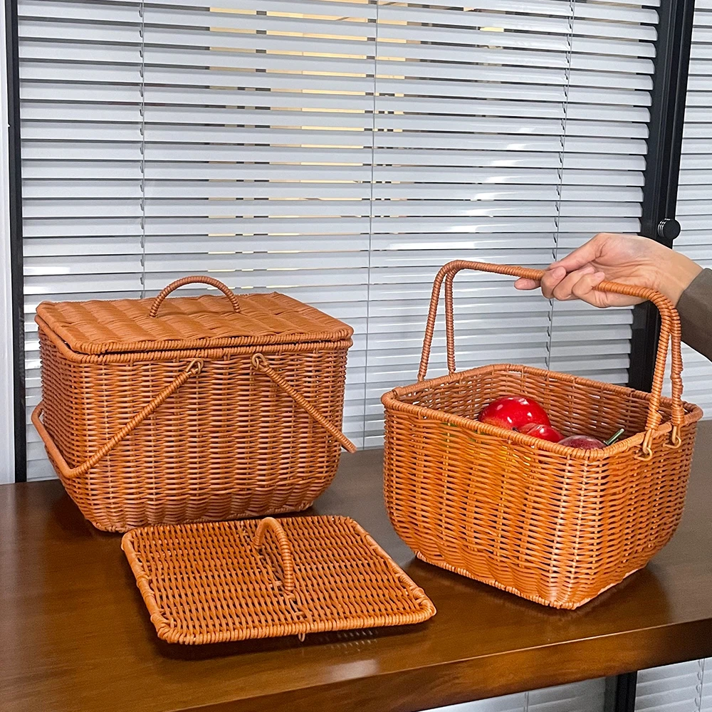 Rattan Portable Large Picnic Baskets With Lid Handle Bread Storage Baskets Wicker Fruit Storage Basket Hamper