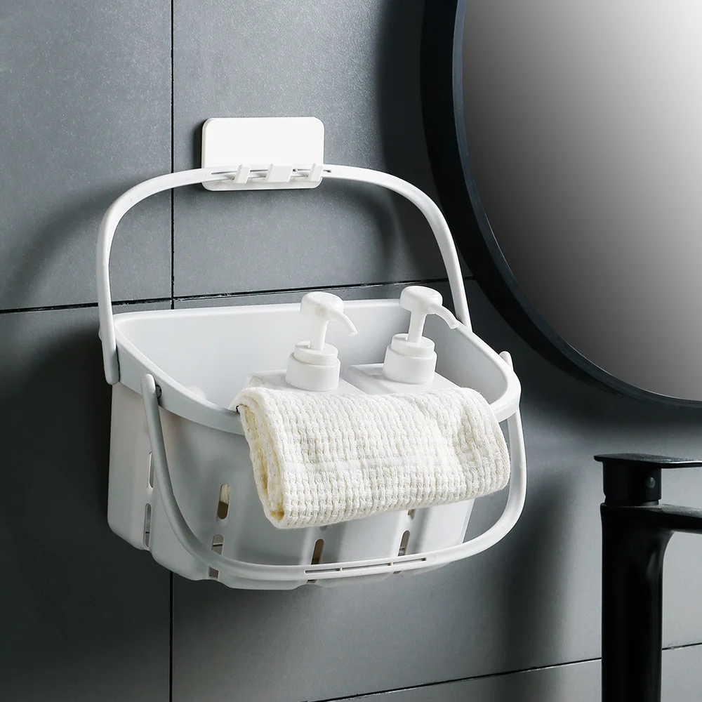 Plastic hanging storage baskets bathroom using shampoo storage basket with hollow-carved design to drain the water out