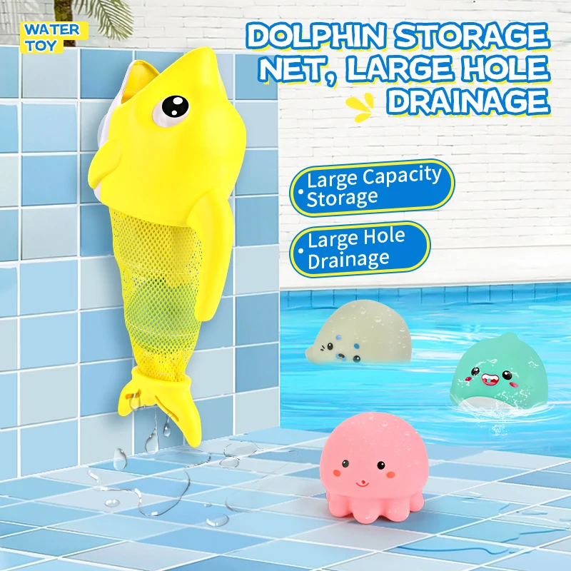 2024 Kids new fun bathtub floating water spray toy cartoon suction cup dolphin bathroom fish net toy