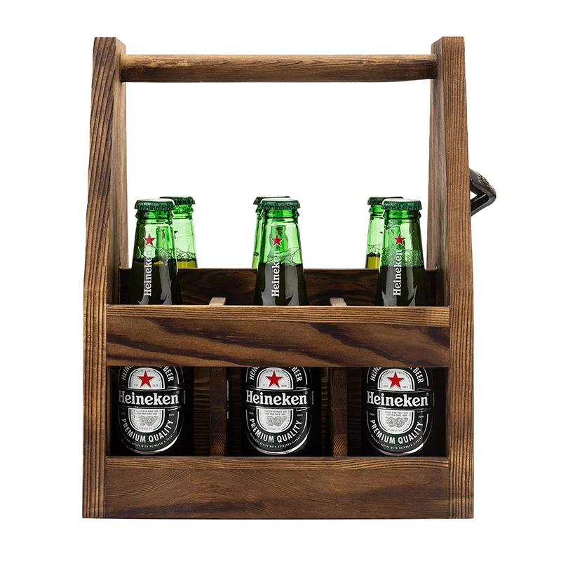Pine wooden beer or bottle carrier with opener and magnite catcher wood tools