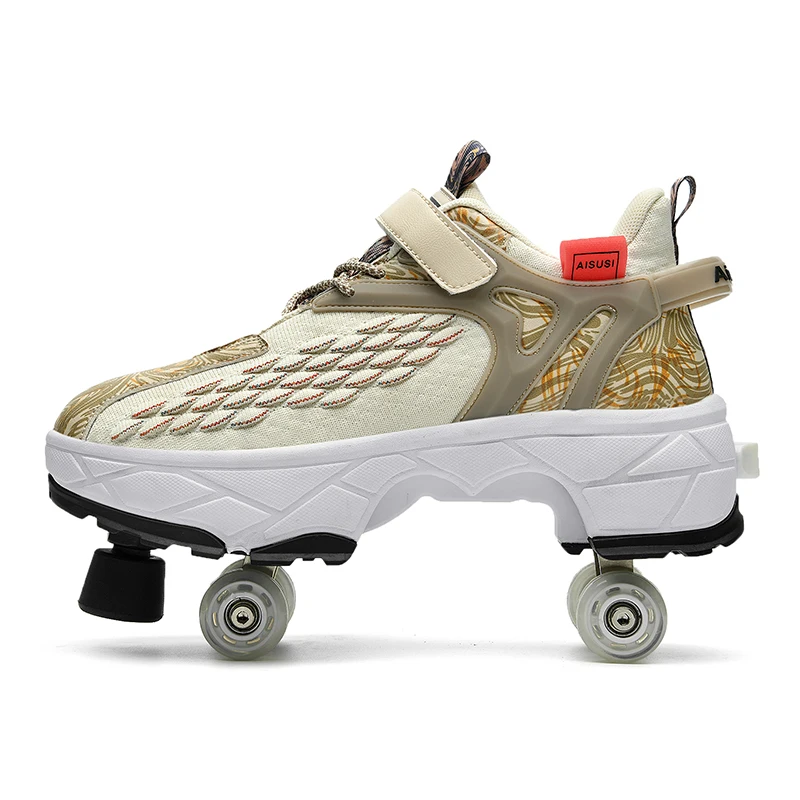 Deformation Walking Roller Skate Shoes 2 in 1 Outdoor Sports Kick Out Spinning Top Skates with Retractable 4 Wheels