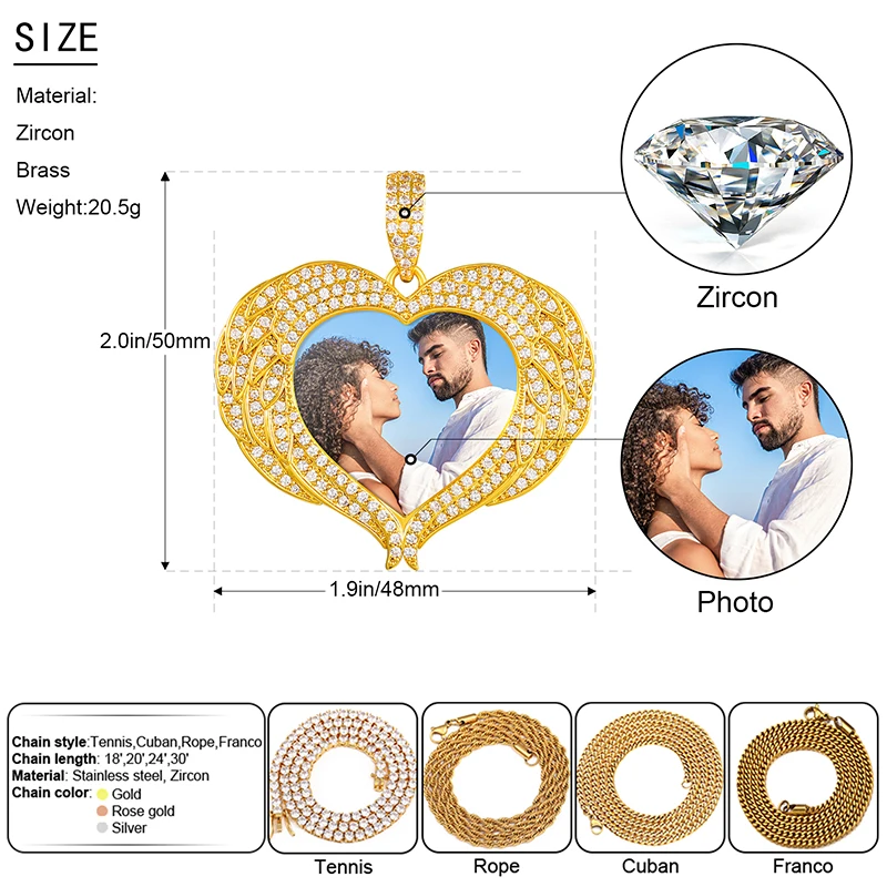 Dropshipping New Arrival Lovers Gift Gold Plated Copper CZ Diamond Iced Out Heart Wing Custom Photo Pendant Necklace