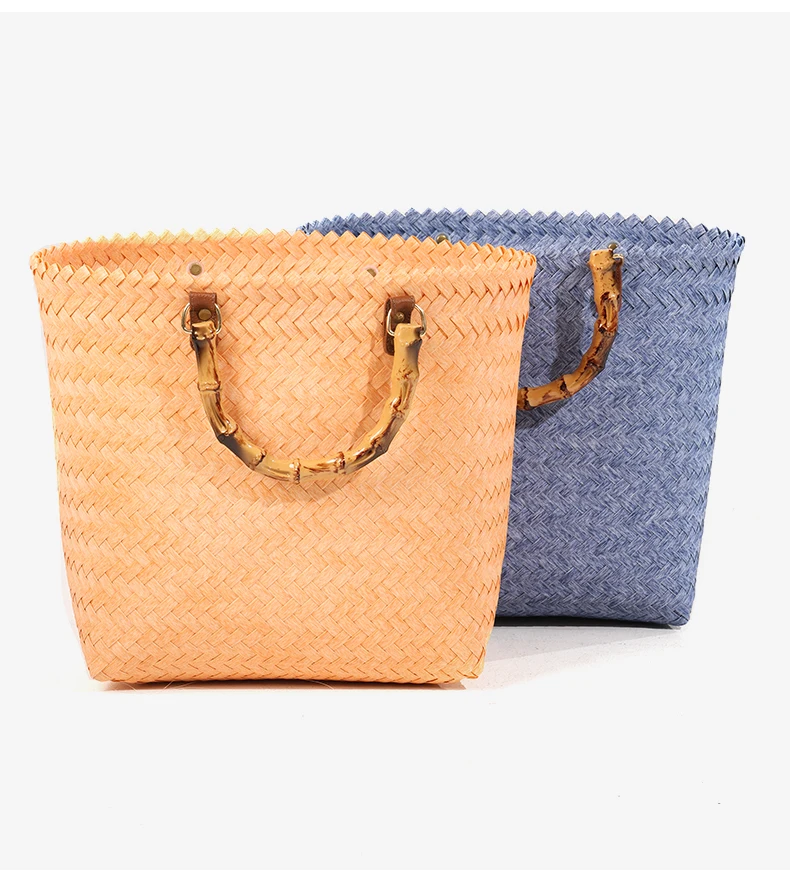 Bamboo Shape Handle PP Straw Woven Bag Girls Trendy Hand Bags For Woman Fashion Purses Big Capacity Shopping Bags