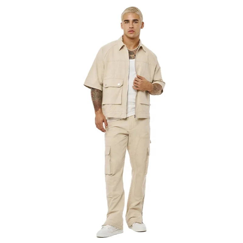 KY Splashing Short Sleeve Shirt Ink Zip up Shirt Cargo Pants Mens Pockets Men Pants and Shirt Sets