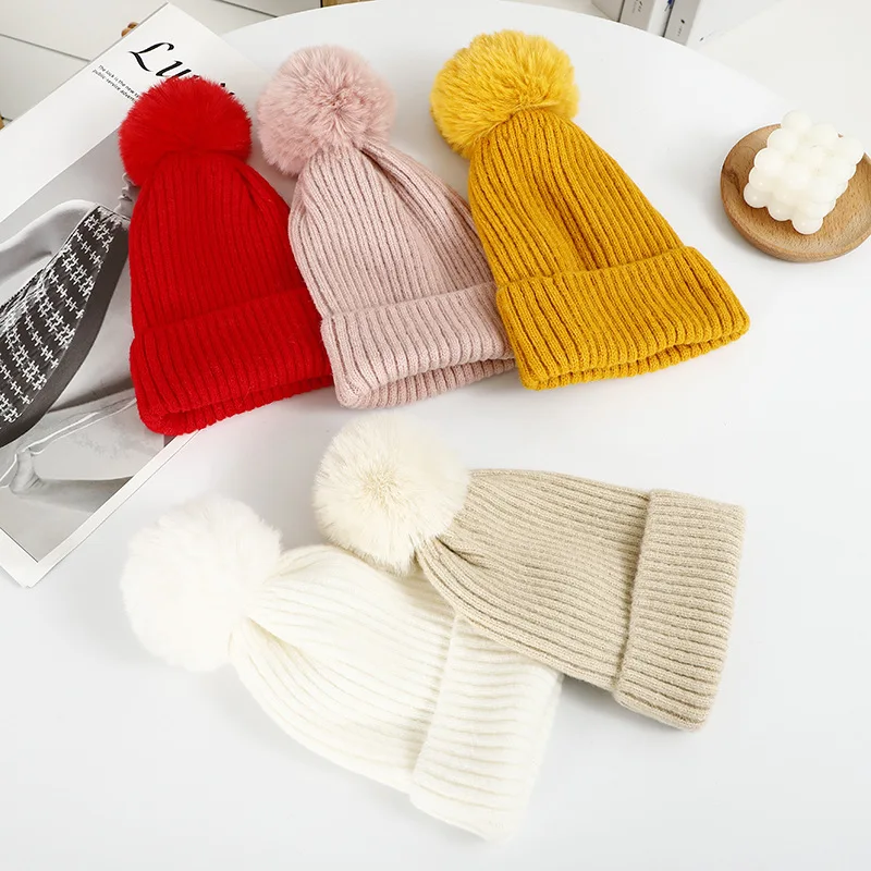 Autumn and winter double knitted running skiing knit cap Warm simple fashion solid color versatile wool beanie with Pom Pom