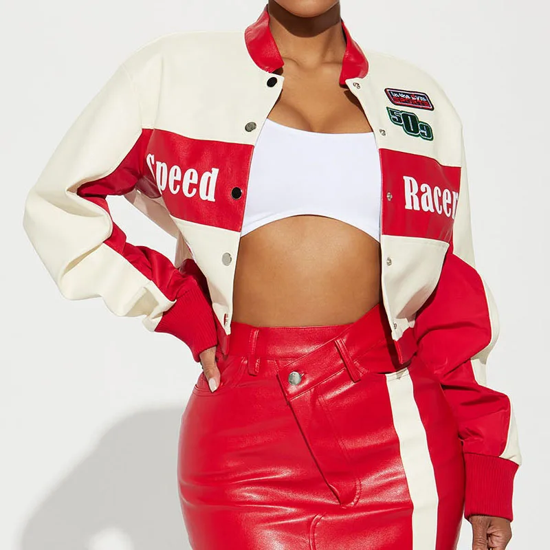 Custom High Quality Red Genuine Leather Racing Jacket for Women Embroidered Patch Cropped Motorcycle Racing Jacket