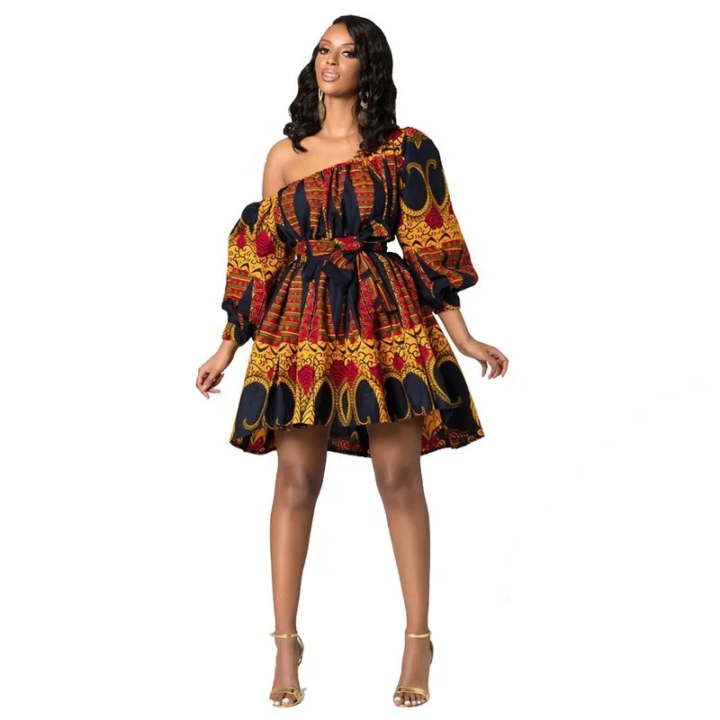 Hot sale middle east fashion short dress designs sloping shoulder african clothing women casual african dresses