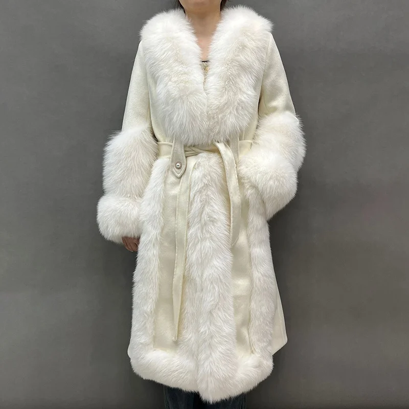 Luxurious Double Faced Wool Coat Real Fox Fur Jacket Winter Women Long Style Down Coat with Fur