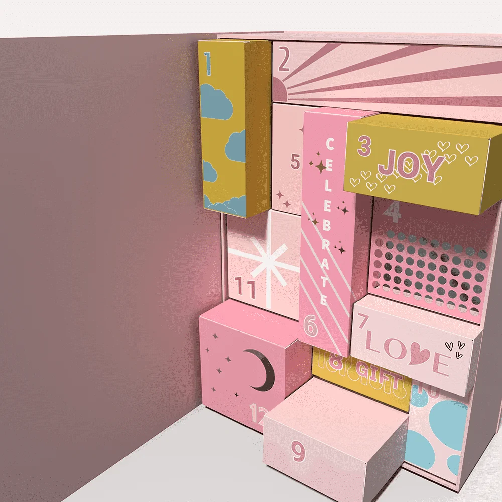 Custom Empty Cosmetic Advent Calendar Gift Box Pink Cardboard Paper Box Luxury Advent Calendar Box 12 Days