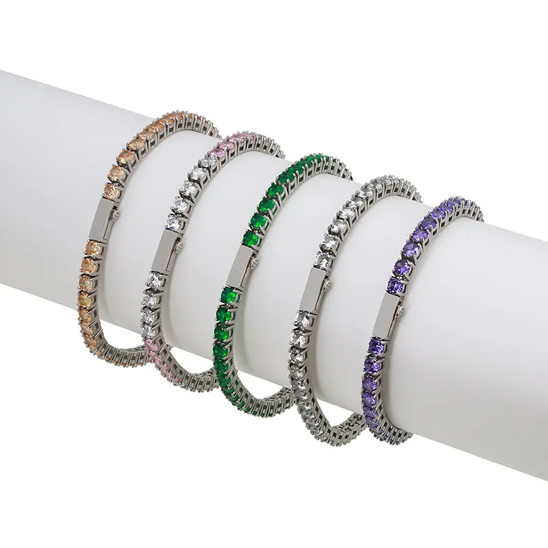 Factory Stock Non Fading Hip Hop Stainless Steel Iced Out 4MM Width Single Row Round Colorful Zircon Tennis Chain Bracelet