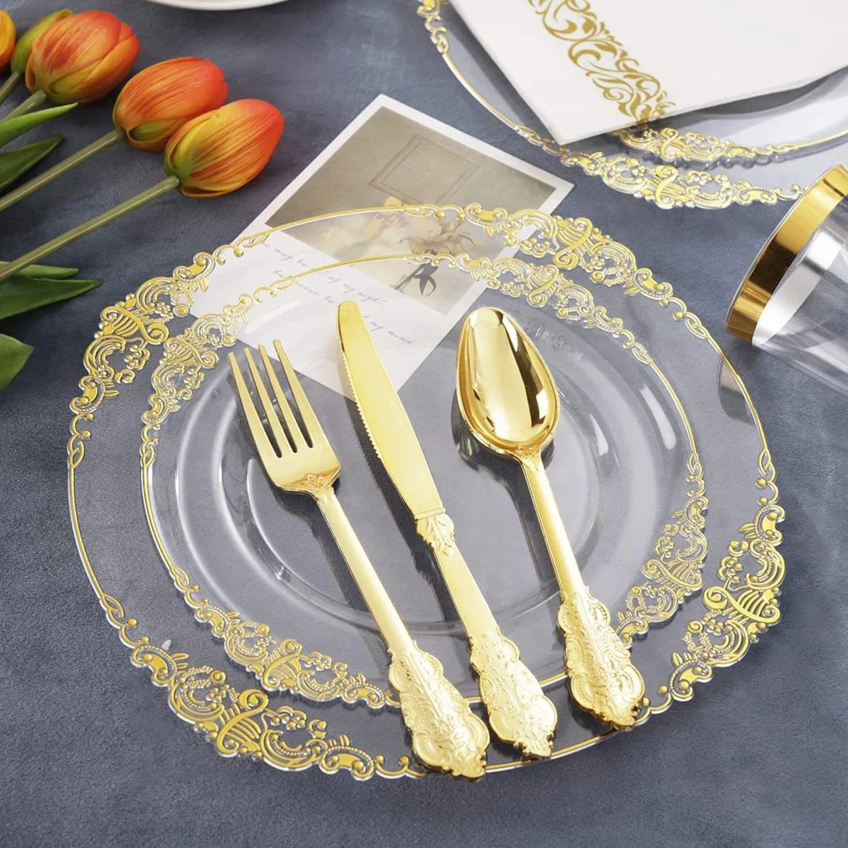 BST 175pcs acrylic plastic clear charger plates with gold rim wholesale 13 inch for wedding party table decoration