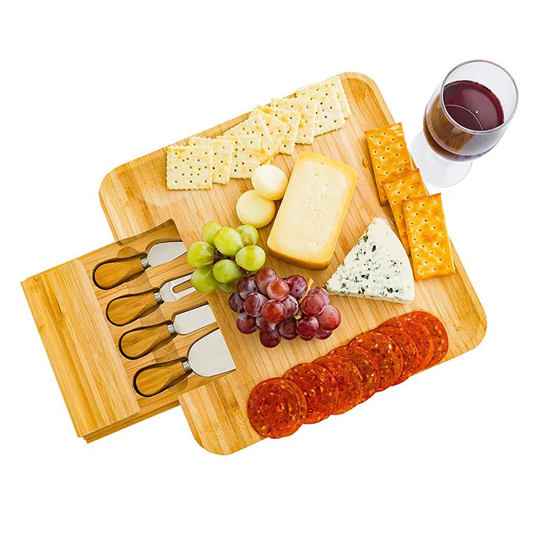 
WOODSPACE Bamboo cheese board with knife set cheese slicing plate with drawer bread square chopping board 