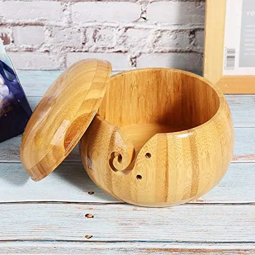 Round Bamboo Yarn Bowl Balls Dispenser Needle Sewing Kit Storage Handmade Knitting Yarn Holder Stand With Lid For Crochet
