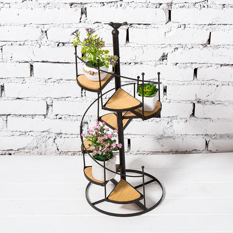 European style wrought iron flower stand solid wood shelf rotating multi-layer ladder balcony living room staircase flower pot