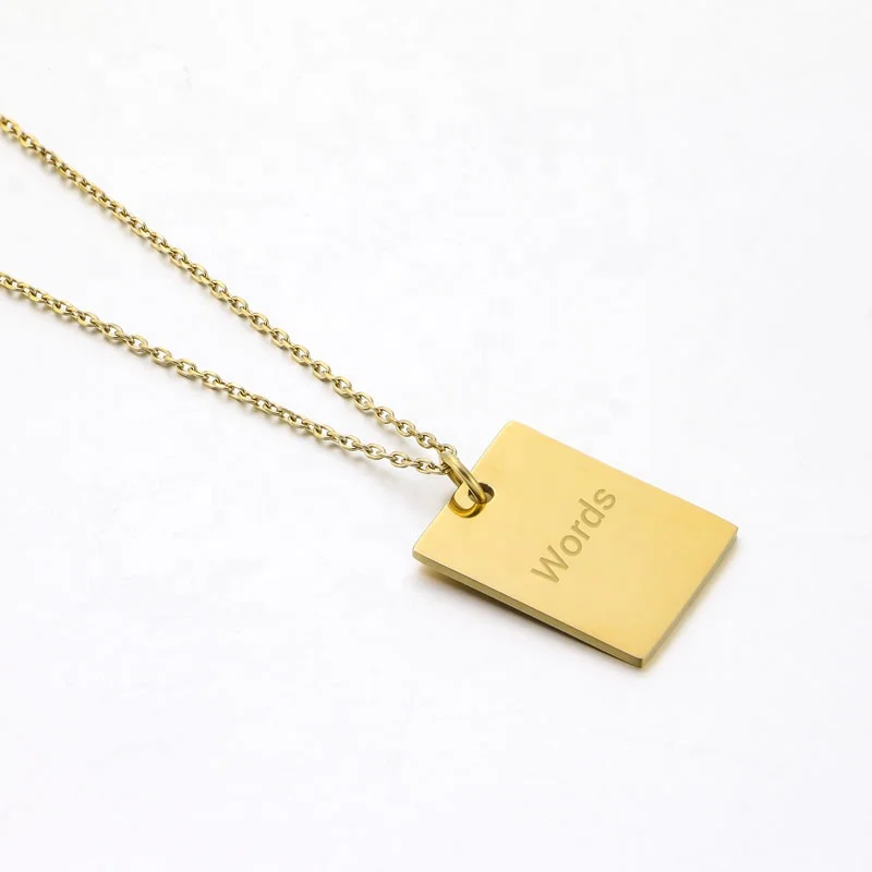 Custom Logo 18K Gold Plated Chain Necklace Stainless Steel Initial Square Pendant Letter Engraved Name Necklace for Woman
