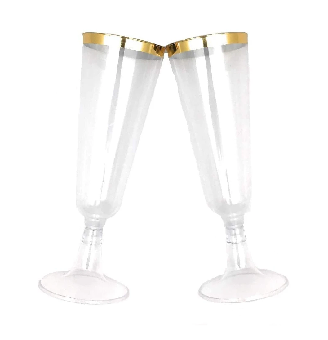 Disposable 5 Oz Plastic Wine Toasting  Gold Rimmed Champagne Flutes Glasses for Wedding Party
