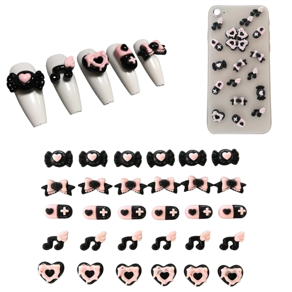 30Pcs/Bag Creative Sweet Kawaii Pencil Capsules Skull Bow Wings Musical Note Resin Dessert Heart Candy Nail Art Charms Decor