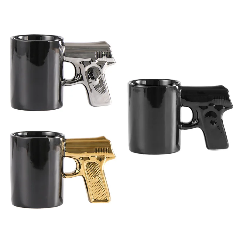 AGH 11oz creative ceramic cup gold silver gun handle mugs personalized water coffee cup logo printing
