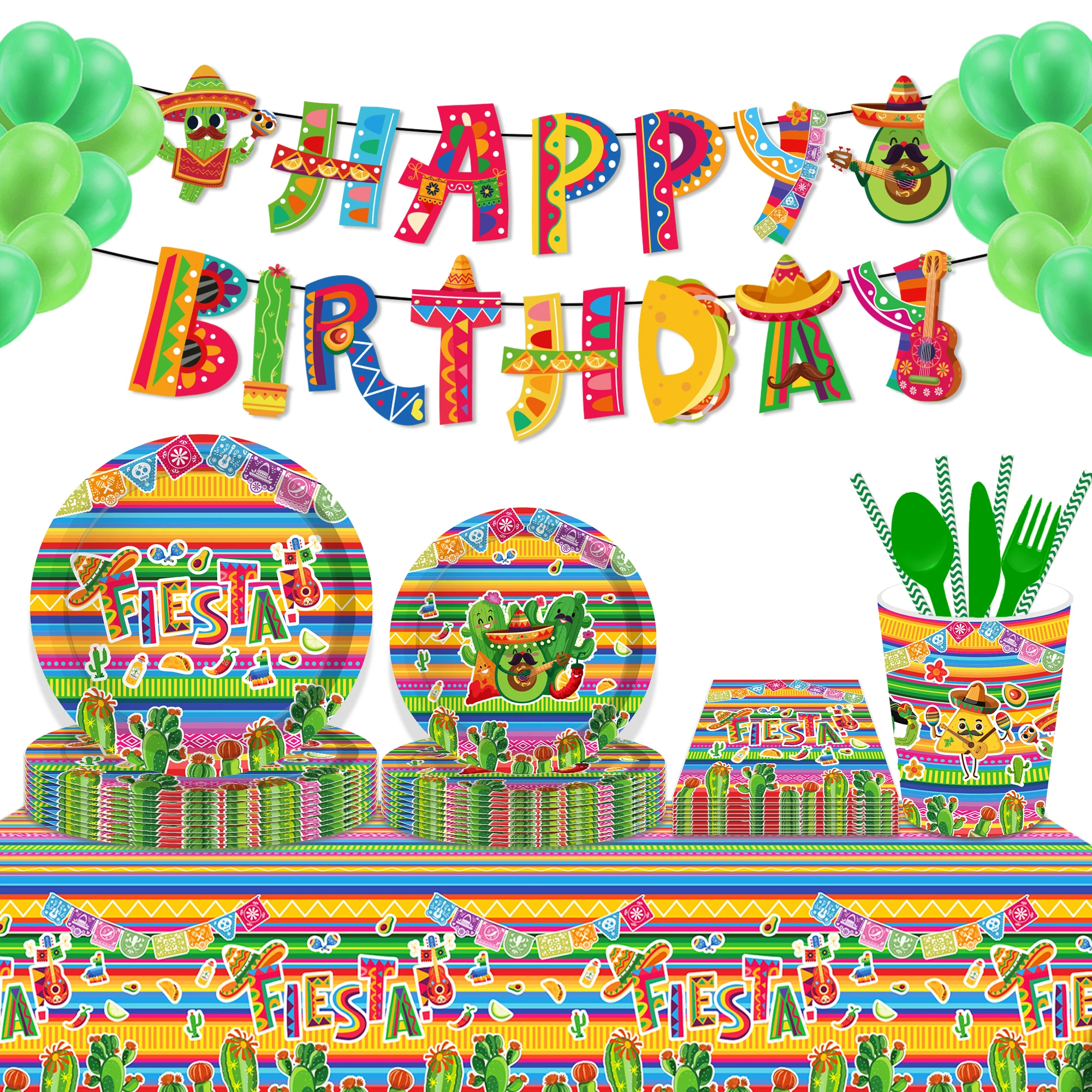 MM269 Mexican Theme Fiesta Party Supplies Tableware Set Cactus Pattern Plates Napkin Cup for Mexico Party