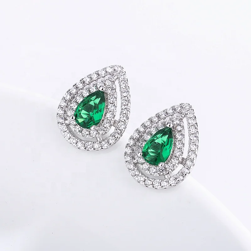  Custom 925 Sterling Silver Set pear Emerald Pendant Earrings Jewelry Wedding and wedding supplies