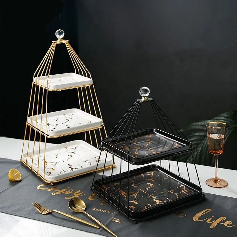 Modern simple multi-layer fruit plate marble pattern ceramic square plate display stand