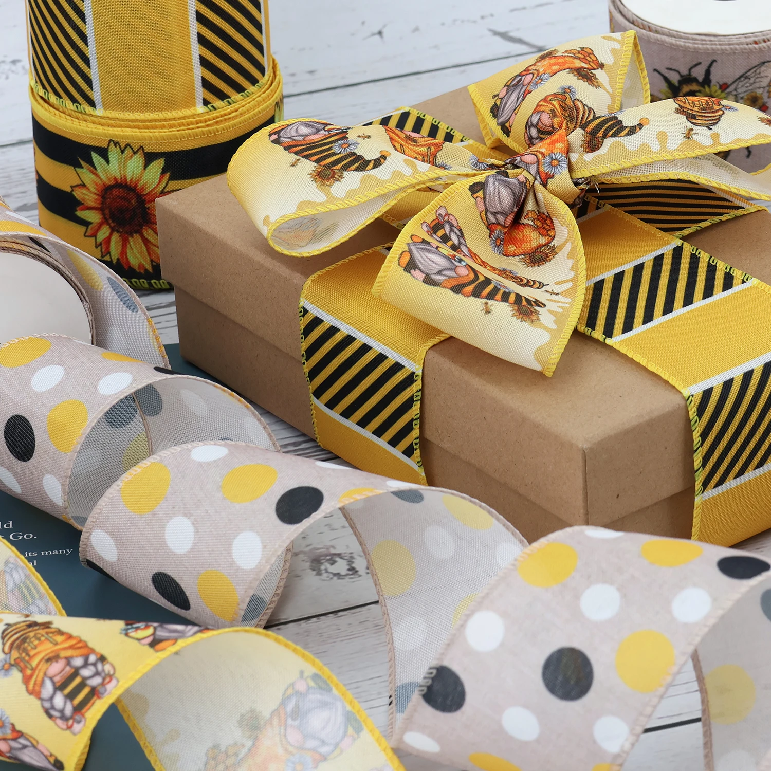 2.5 Inch Spring Summer Animals Ribbon Yellow Stripe Gingham Dot Honey Bee Wired Edge Ribbon For Wrapping Bows Gift Ornaments