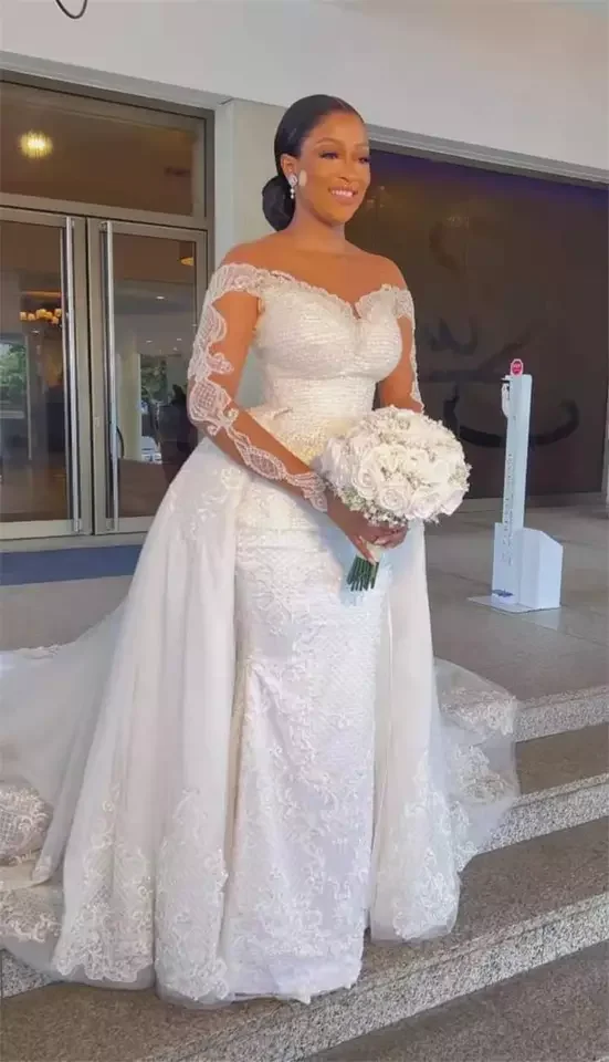 Luxury New African Mermaid Detachable Tailing Wedding Dress Long Sleeve Retro Lace Bridal Large Wedding gown