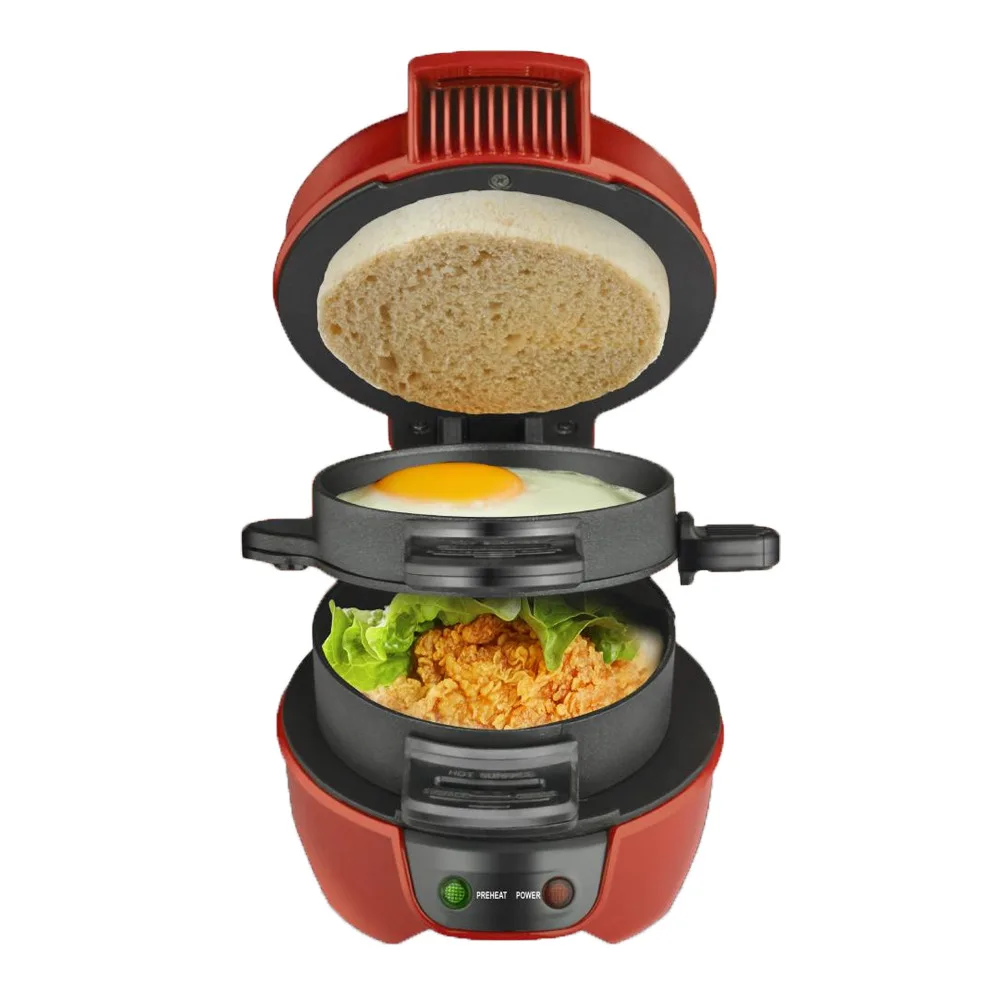 Breakfast Machine Red Layered Burger 3-in-1 Bacon Burger Omelette Toast Made in China Waffles Hot burger maker automatic