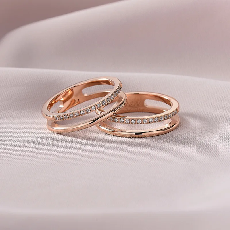 Best Seller Double Layer Micro Pave Zircon Stainless Steel Korean Hollow Rose Gold Ring Jewelry
