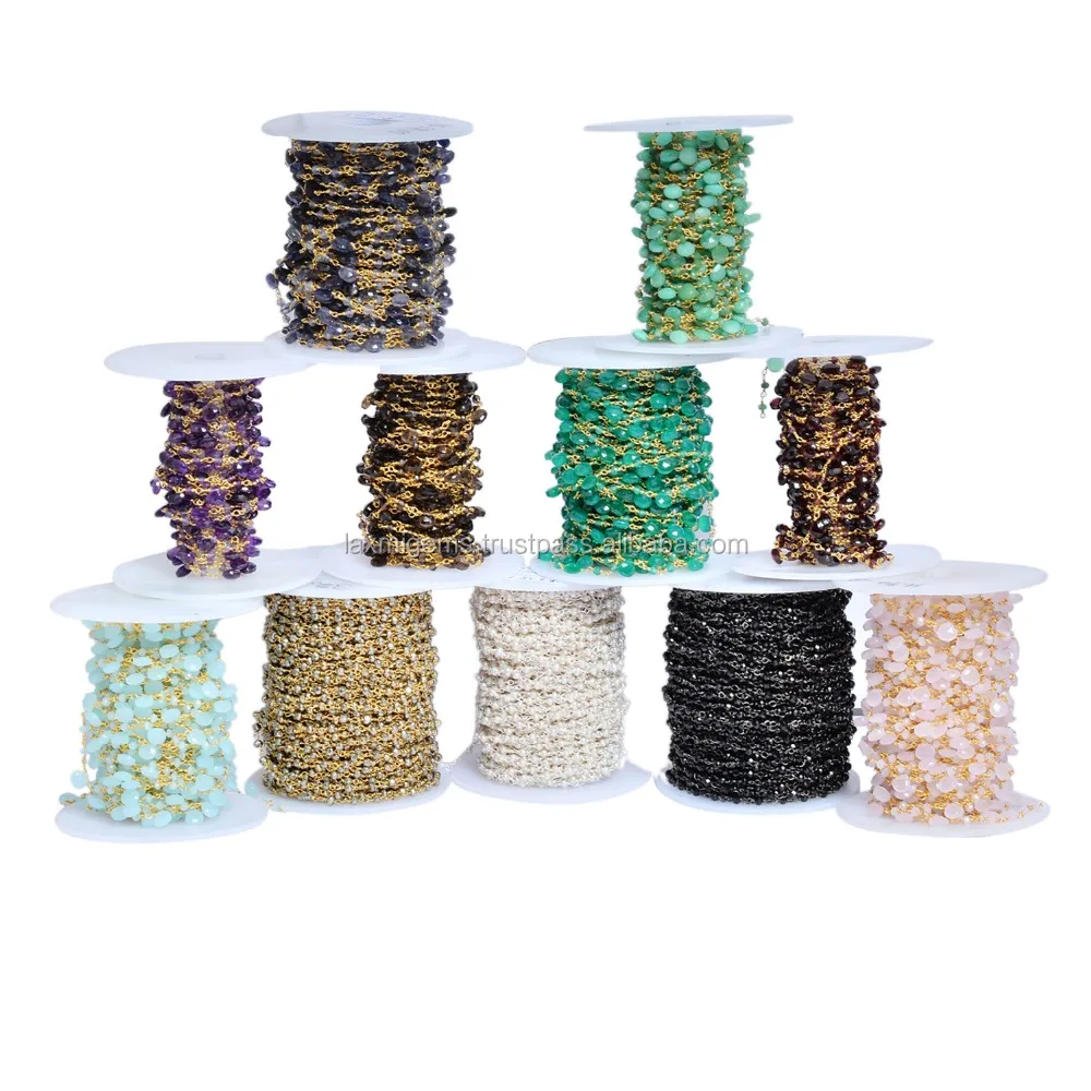 Multi Dyed Ruby Emerald  Sapphire Gemstone 925 Sterling Silver Wire Wrapped Rosary chain