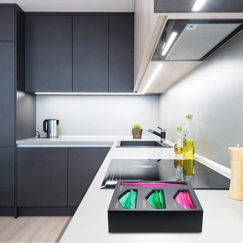 Cheap High Quality Kitchen Wooden Drawer Black Organizers With Plastic Foil Wrap Dispenser Holder Bamboo Ziplock Bag Storage Box