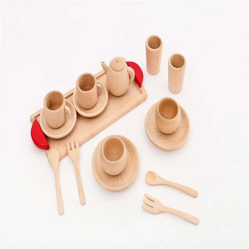 Wooden Toy Pretend Play Kitchenware Set solid wood toy tea set beech wood mini tableware Fun Toys for Children Gift